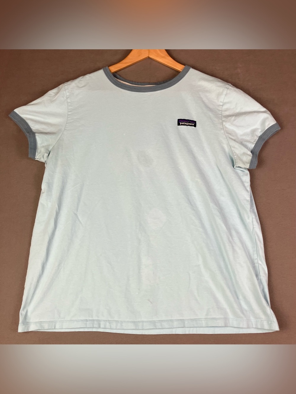 Patagonia Women’s Size XL Short Sleeve T Shirt Light Blue Organic Cotton. In fai